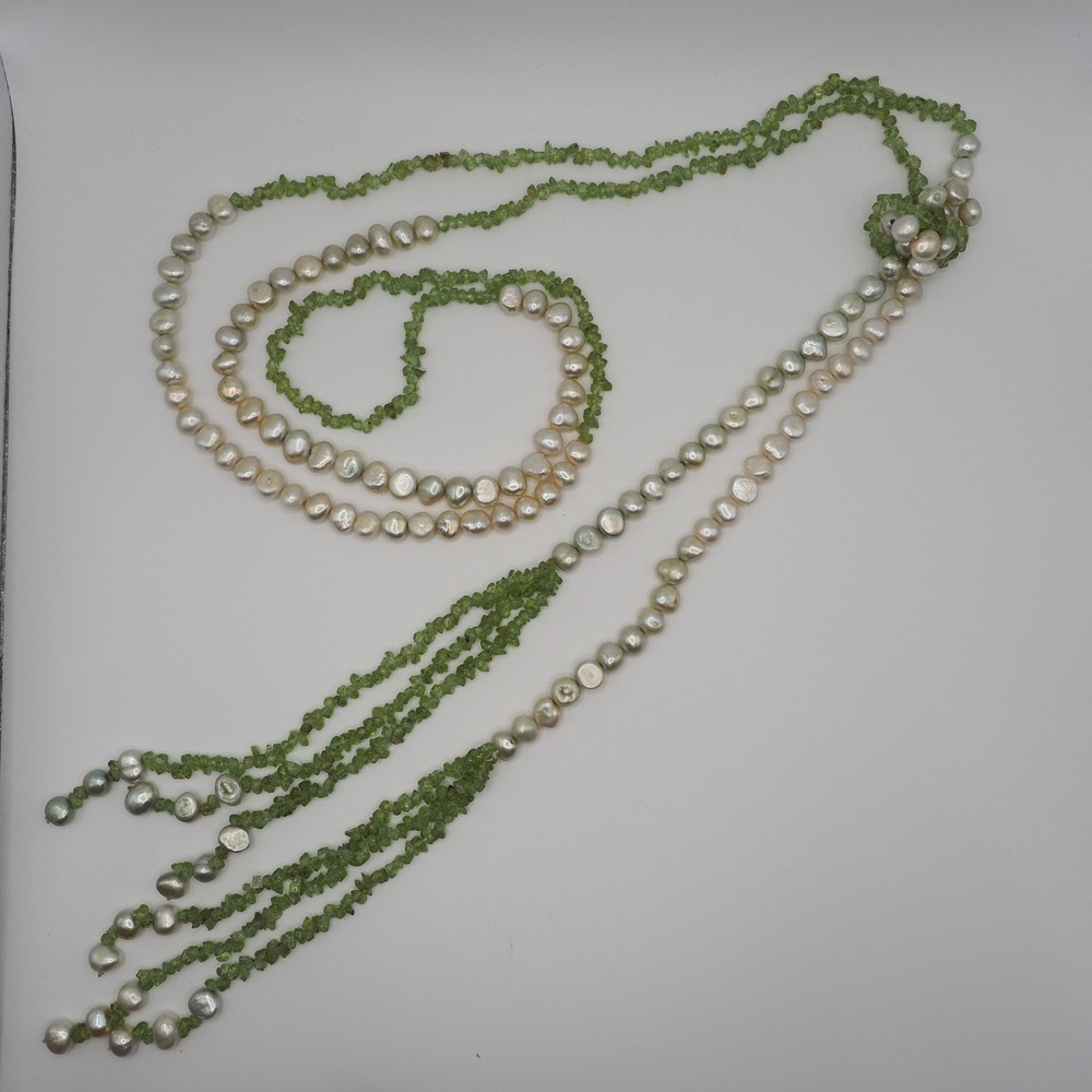 Artisan Lariat Necklace Green Glass Chip Bead White Freshwater Pearl Tassel Long